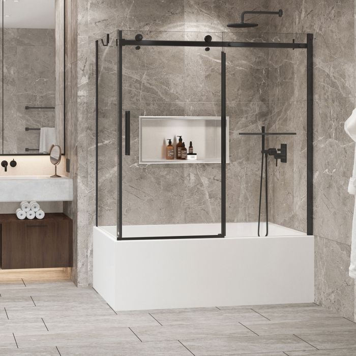 Porte de baignoire 60 po x Bellini 2.0 32 po en coin noir mat fermeture sur retour mur à droite porte à gauche
