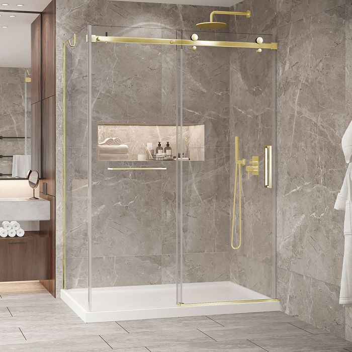 Porte de douche 60 po x Bellini 2.0 32 po en coin or brossé fermeture sur mur mur à droite porte à droite en or brossé