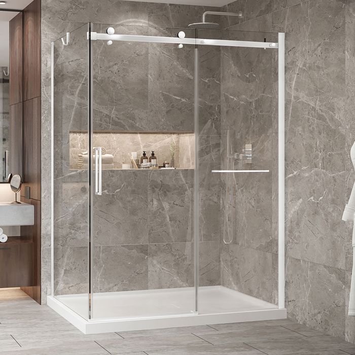 Porte de douche 60 po x Bellini 2.0 42 po en coin blanc mat fermeture sur retour mur à droite porte à gauche
