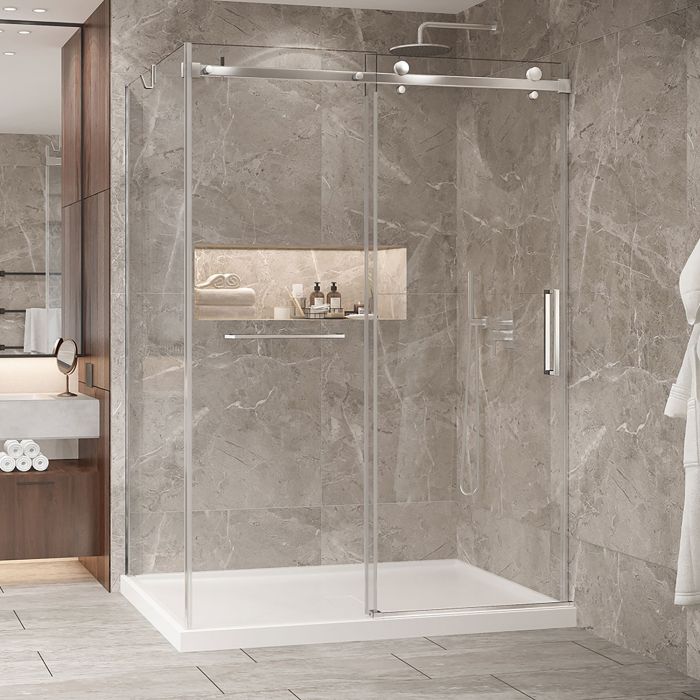 Porte de douche 60 po x Bellini 2.0 42 po en coin chrome fermeture sur mur mur à droite