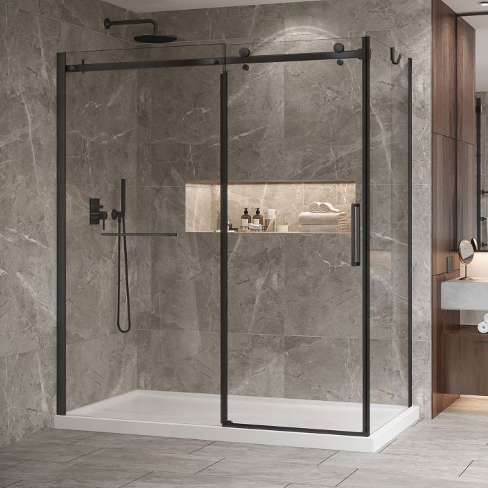 Porte de douche 72 po x Bellini 2.0 32 po en coin noir mat fermeture sur retour mur à gauche porte à droite