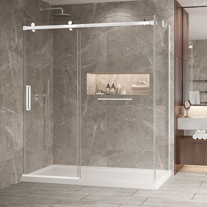 Porte de douche 72 po x Bellini 2.0 36 po en coin blanc mat fermeture sur mur mur à gauche porte à gauche