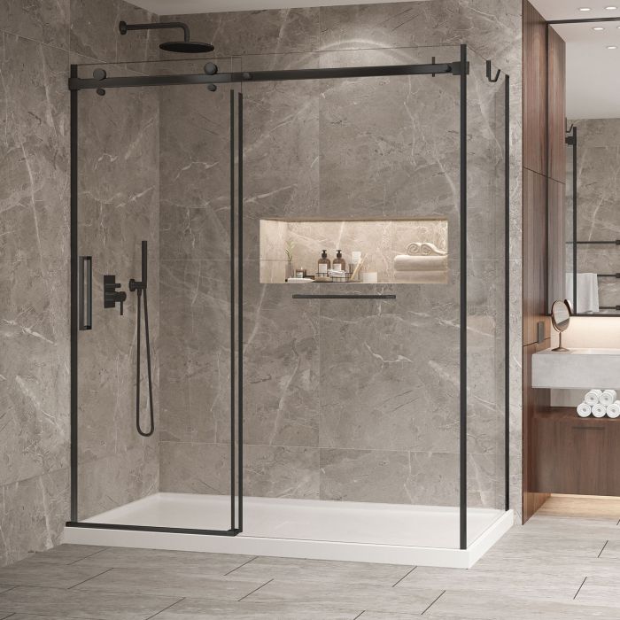 Porte de douche 72 po x Bellini 2.0 36 po en coin noir mat fermeture sur mur mur à gauche porte à gauche