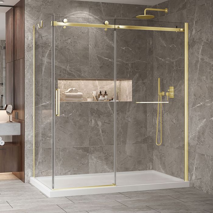 Porte de douche 72 po x Bellini 2.0 32 po en coin or brossé fermeture sur retour mur à droite porte à gauche en or brossé