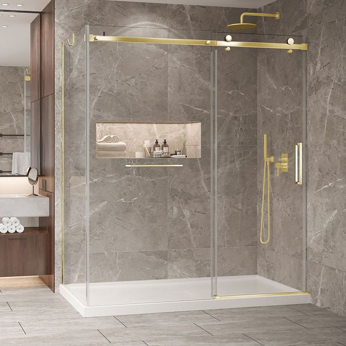 Porte de douche 72 po x Bellini 2.0 32 po en coin or brossé fermeture sur mur mur à droite porte à droite en or brossé