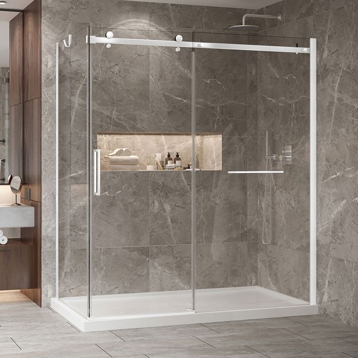 Porte de douche 72 po x Bellini 2.0 36 po en coin blanc mat fermeture sur retour mur à droite porte à gauche