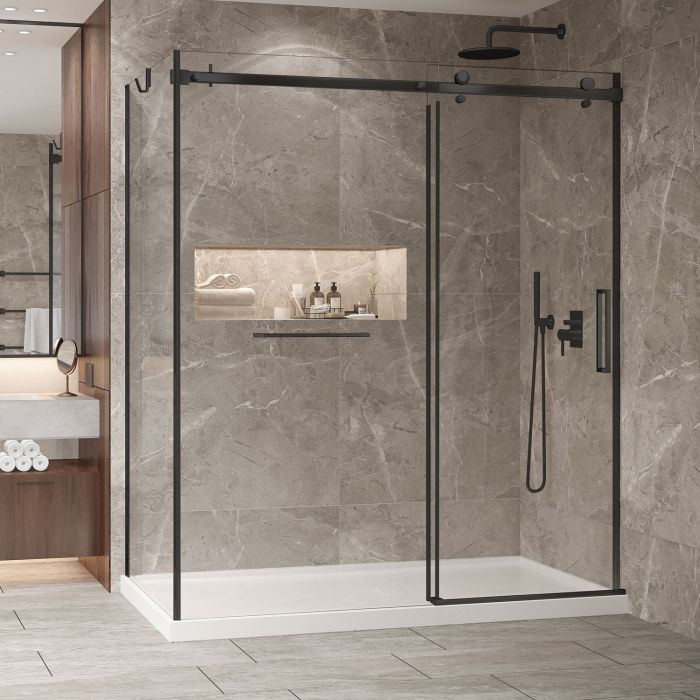 Porte de douche 72 po x Bellini 2.0 36 po en coin noir mat fermeture sur mur mur à droite