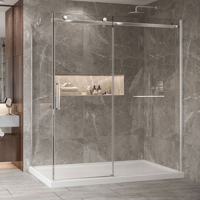 Porte de douche 72 po x Bellini 2.0 42 po en coin chrome fermeture sur retour mur à droite porte à gauche