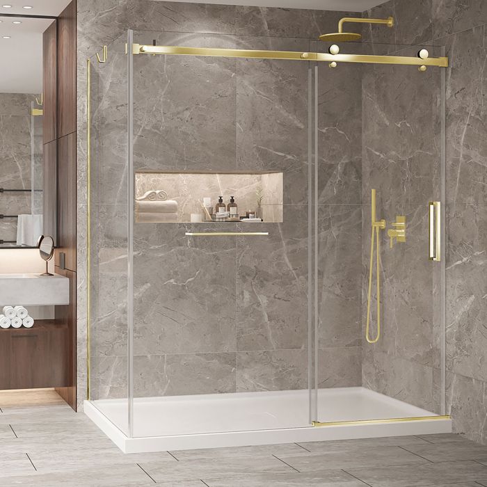Porte de douche 72 po x Bellini 2.0 42 po en coin or brossé fermeture sur mur mur à droite en or brossé