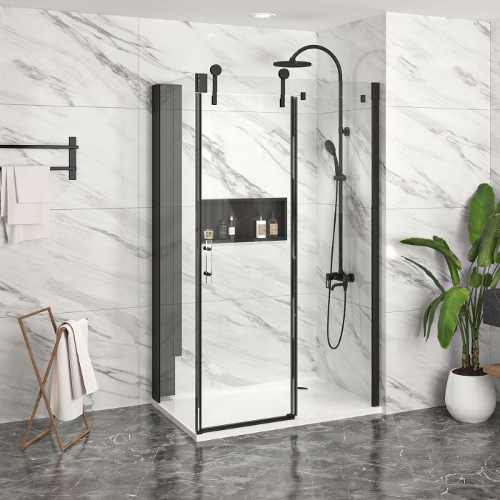 Porte de douche 48 po x Infinite 32 po en coin noir mat fermeture sur retour mur à droite porte à gauche