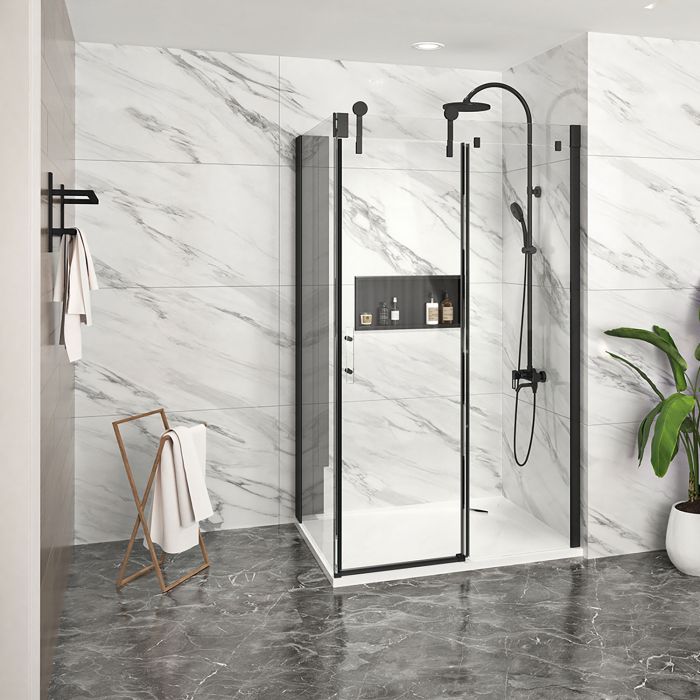 Porte de douche 48 po x Infinite 42 po en coin noir mat fermeture sur retour mur à droite porte à gauche