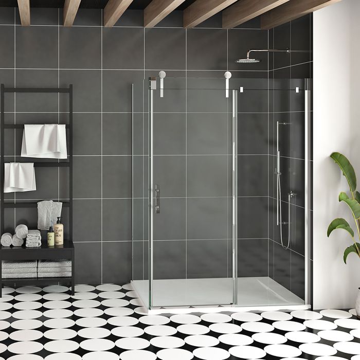 Porte de douche 60 po x Infinite 42 po en coin chrome fermeture sur retour mur à droite porte à gauche