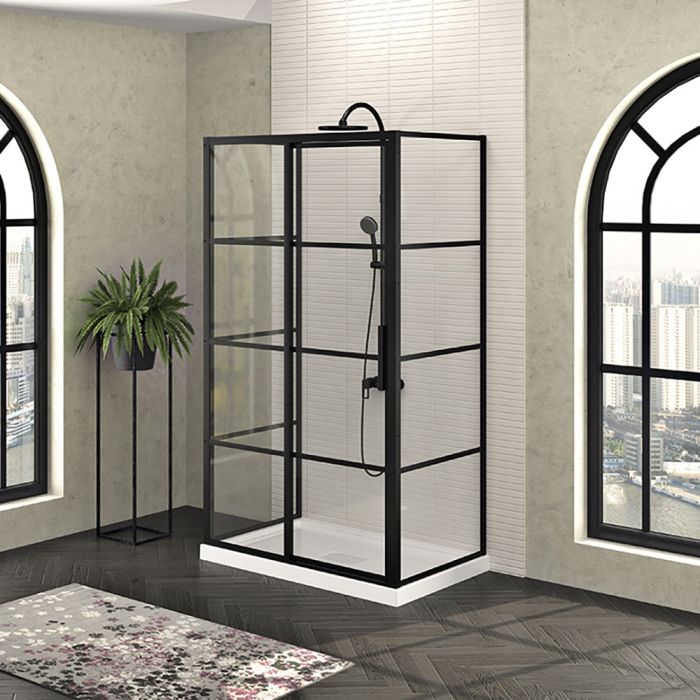 Porte de douche 48 po x Mecanex 32 po noir mat sur mur porte à droite