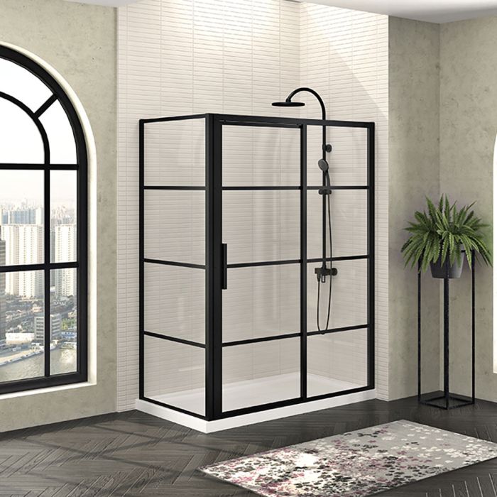 Porte de douche 60 po x Mecanex 36 po en coin noir mat fermeture sur retour mur à droite porte à gauche