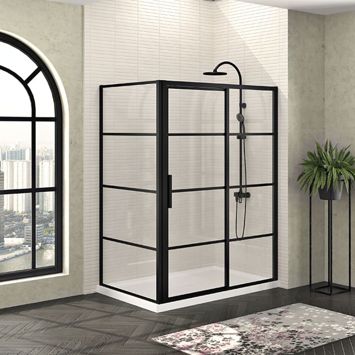 Porte de douche 60 po x Mecanex 42 po en coin noir mat fermeture sur retour mur à droite porte à gauche