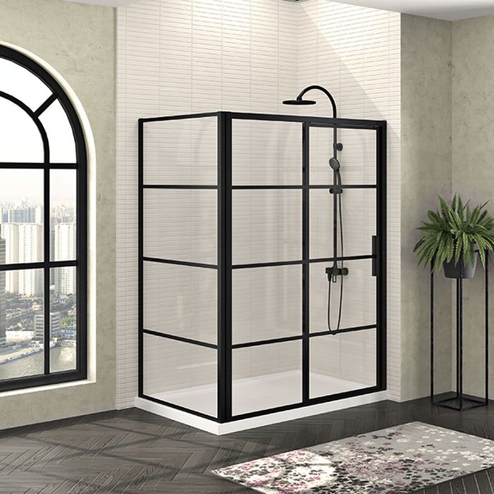 Porte de douche 60 po x Mecanex 42 po en coin noir mat fermeture sur mur mur à droite porte à droite