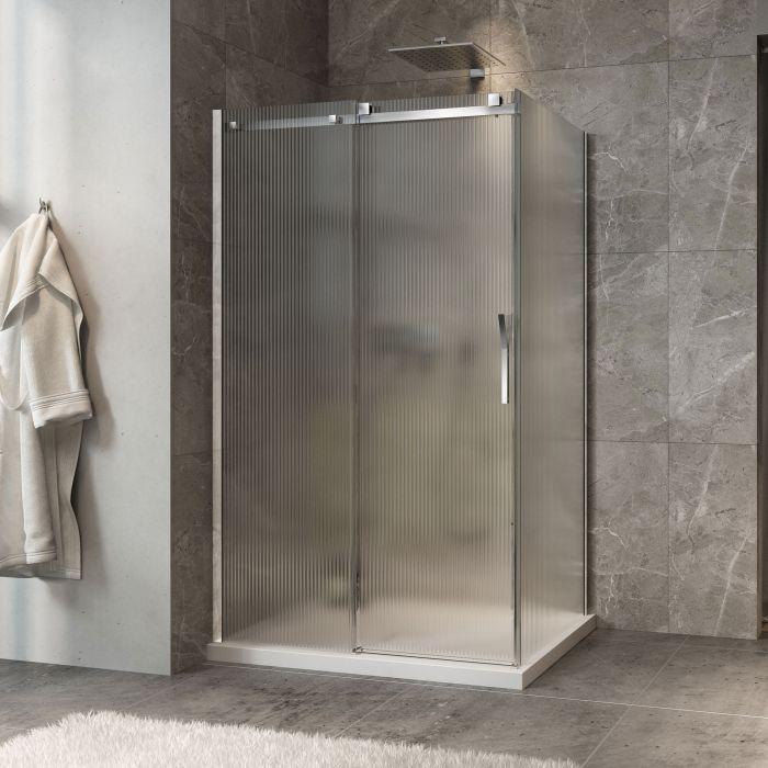 Porte de douche 48 po x Minia 32 po en coin chrome fermeture sur retour mur à gauche porte à droite en chrome et verre flûte