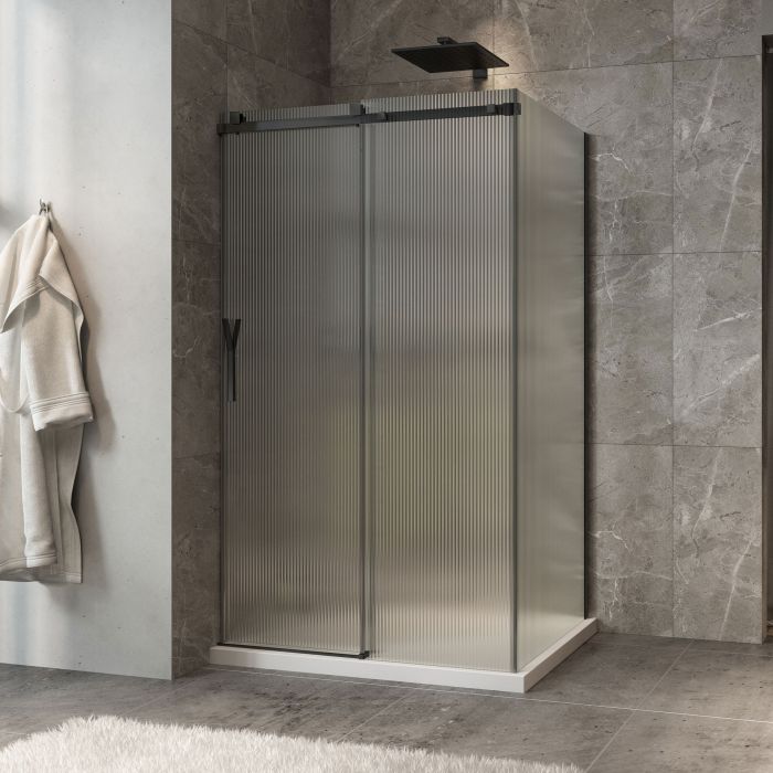 Porte de douche 48 po x Minia 32 po en coin noir mat fermeture sur mur mur à gauche porte à gauche en noir mat et verre flûte