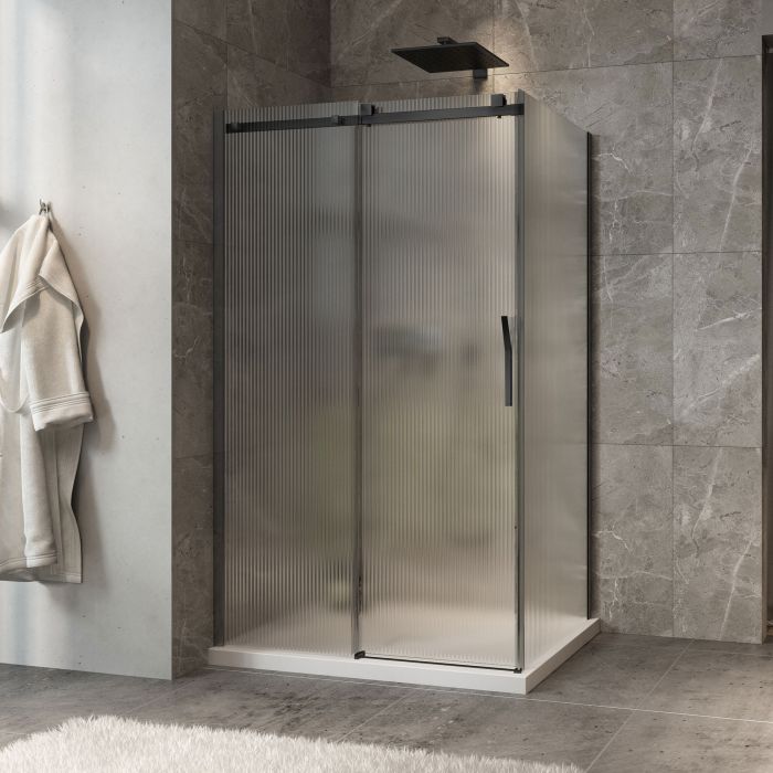 Porte de douche 48 po x Minia 36 po en coin noir mat fermeture sur retour mur à gauche porte à droite en noir mat et verre flûte