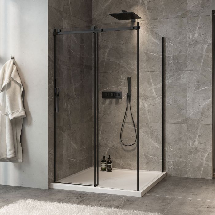 Porte de douche 48 po x Minia 42 po en coin noir mat fermeture sur mur mur à gauche porte à gauche