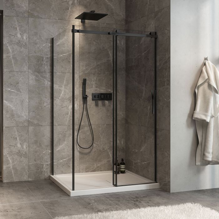 Porte de douche 48 po x Minia 36 po en coin noir mat fermeture sur mur mur à droite porte à droite
