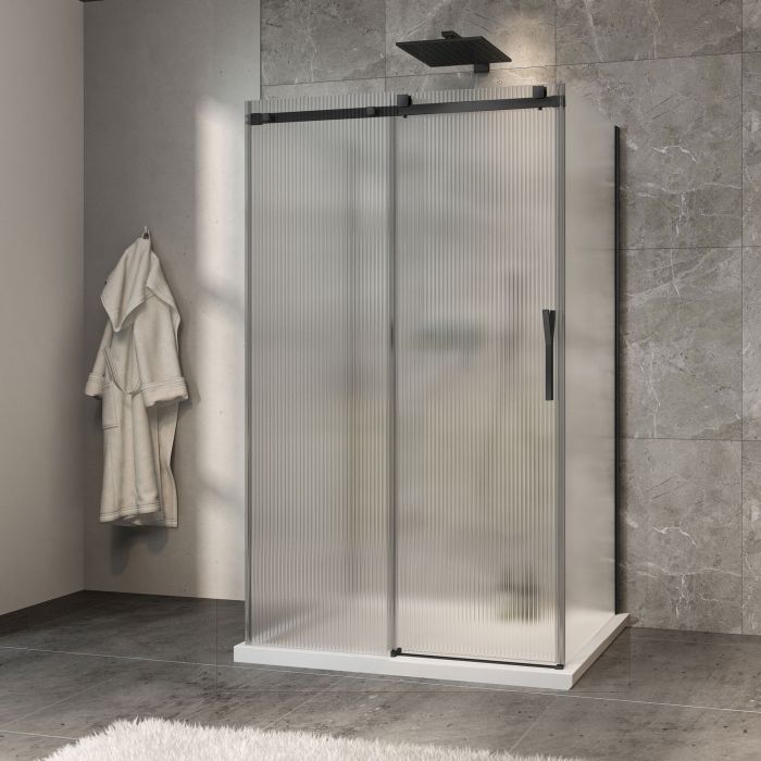 Porte de douche 48 po x Minia 36 po noir mat sur mur porte à droite en noir mat et verre flûte