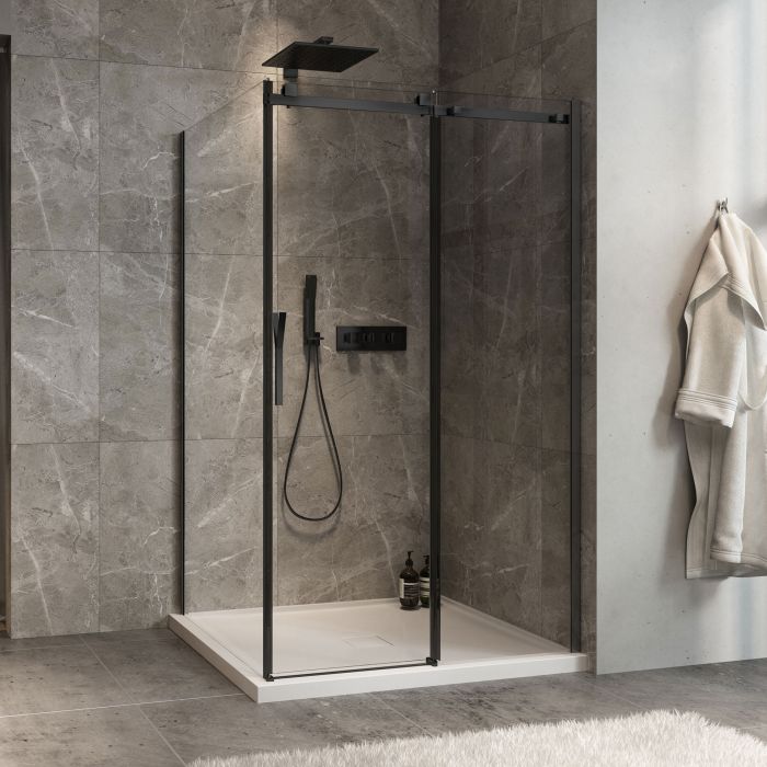 Porte de douche 48 po x Minia 42 po en coin noir mat fermeture sur retour mur à droite porte à gauche