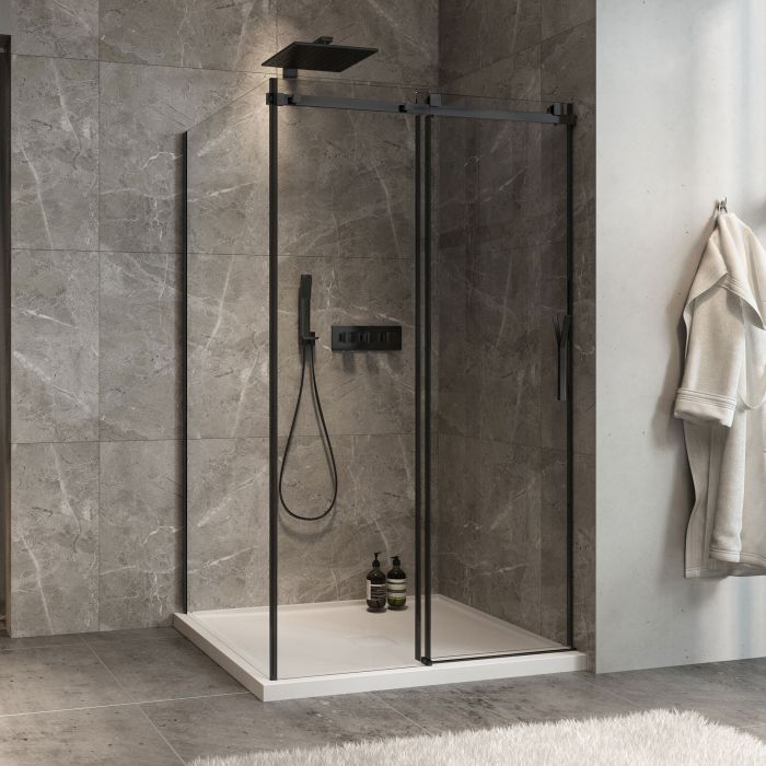 Porte de douche 48 po x Minia 42 po en coin noir mat fermeture sur mur mur à droite porte à droite