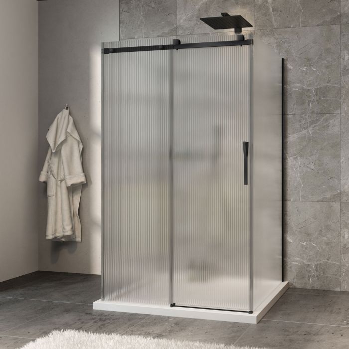 Porte de douche 48 po x Minia 42 po noir mat sur mur porte à droite en noir mat et verre flûte