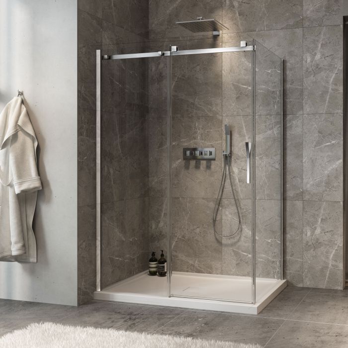 Porte de douche 54 po x Minia 36 po en coin chrome fermeture sur retour mur à gauche porte à droite