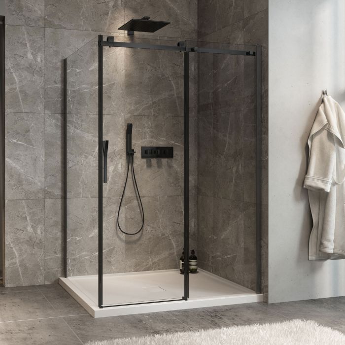 Porte de douche 54 po x Minia 42 po en coin noir mat fermeture sur retour mur à droite porte à gauche