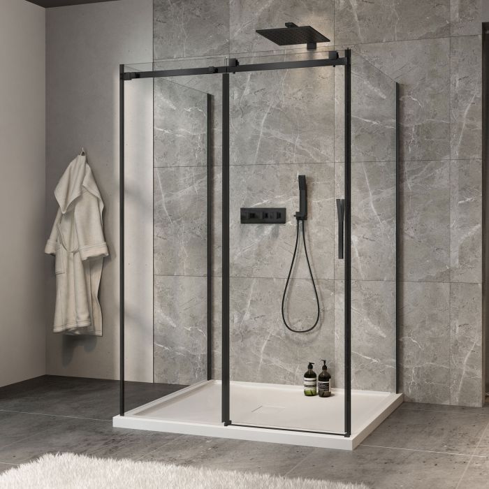 Porte de douche 54 po x Minia 42 po noir mat sur mur