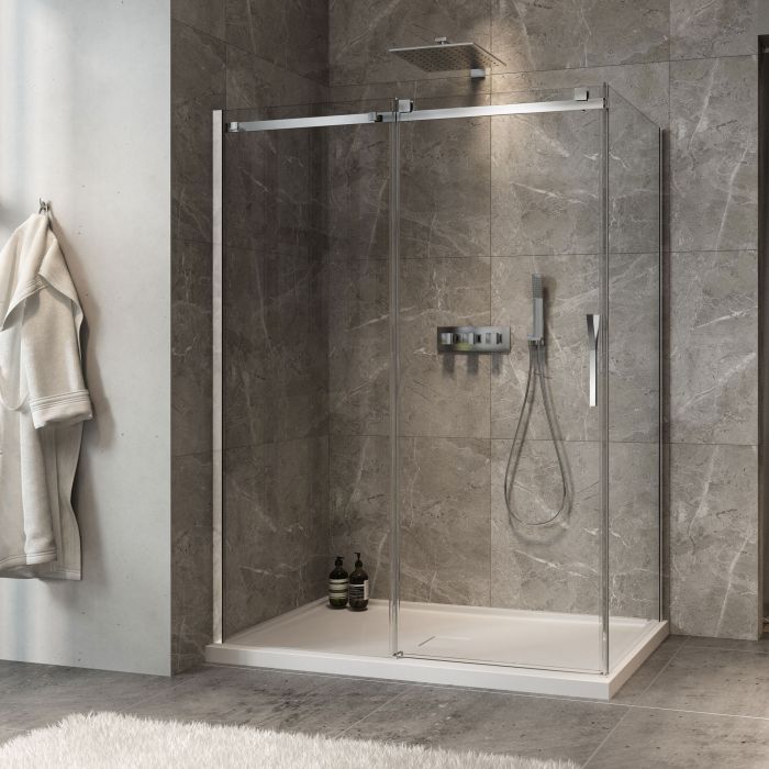 Porte de douche 60 po x Minia 32 po en coin chrome fermeture sur retour mur à gauche porte à droite