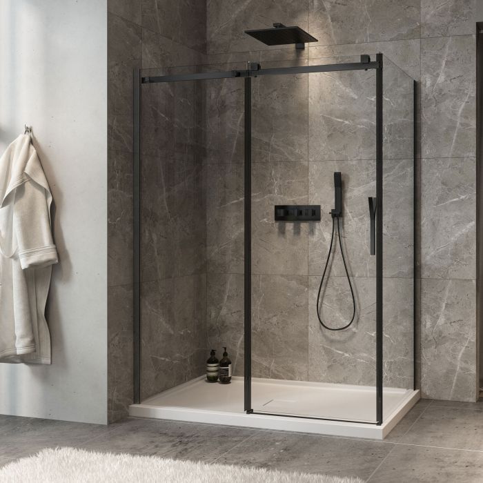 Porte de douche 60 po x Minia 32 po en coin noir mat fermeture sur retour mur à gauche porte à droite