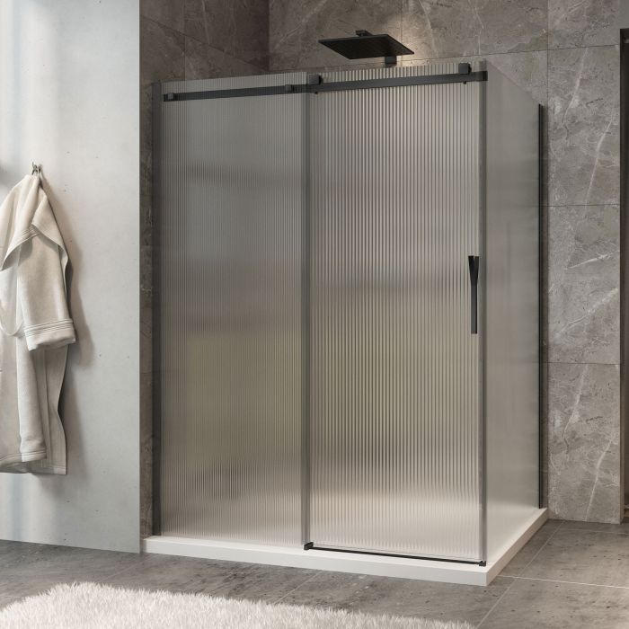 Porte de douche 60 po x Minia 42 po en coin noir mat fermeture sur retour mur à gauche porte à droite en noir mat et verre flûte