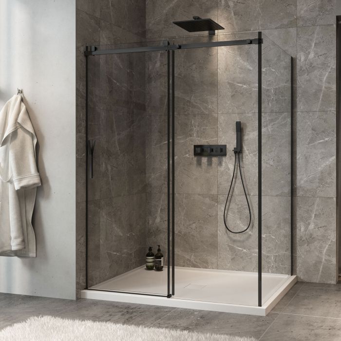 Porte de douche 60 po x Minia 42 po en coin noir mat fermeture sur mur mur à gauche porte à gauche