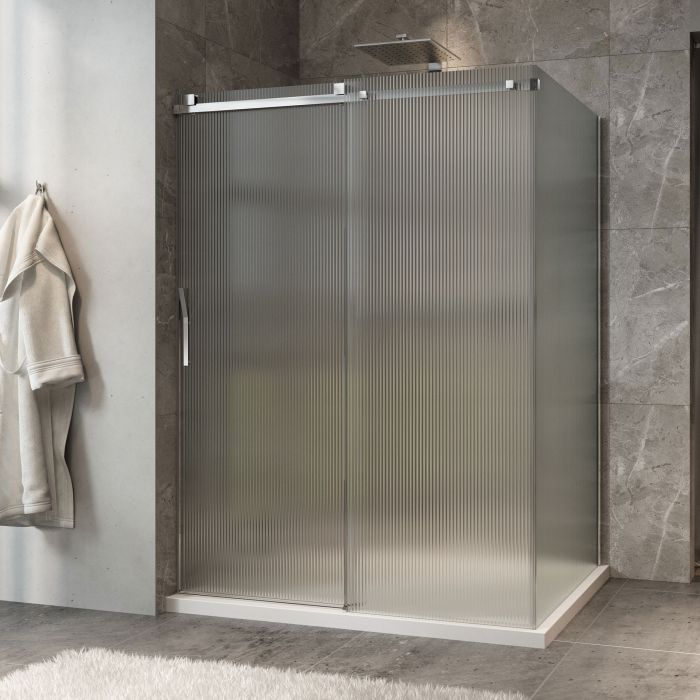 Porte de douche 60 po x Minia 42 po en coin chrome fermeture sur mur mur à gauche porte à gauche en chrome et verre flûte
