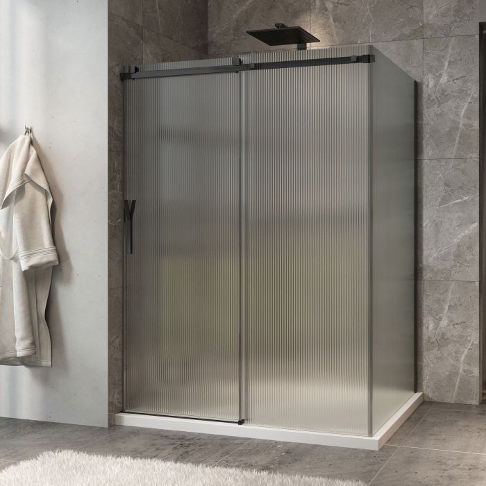 Porte de douche 60 po x Minia 42 po en coin noir mat fermeture sur mur mur à gauche porte à gauche en noir mat et verre flûte