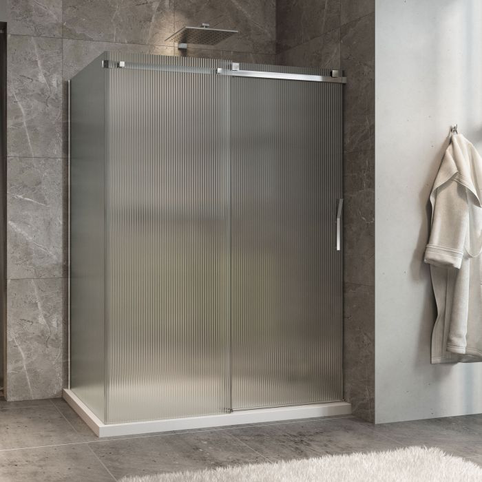 Porte de douche 60 po x Minia 32 po en coin chrome fermeture sur mur mur à droite porte à droite en chrome et verre flûte