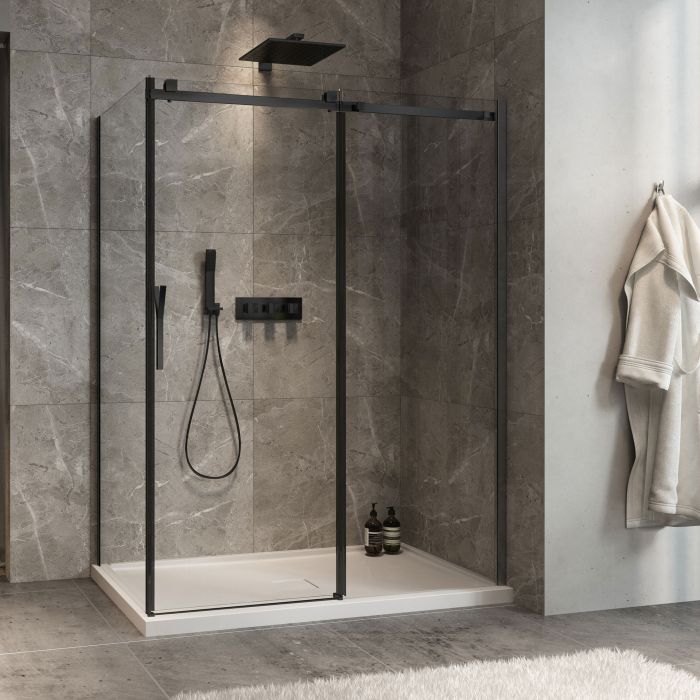 Porte de douche 60 po x Minia 36 po en coin noir mat fermeture sur retour mur à droite porte à gauche
