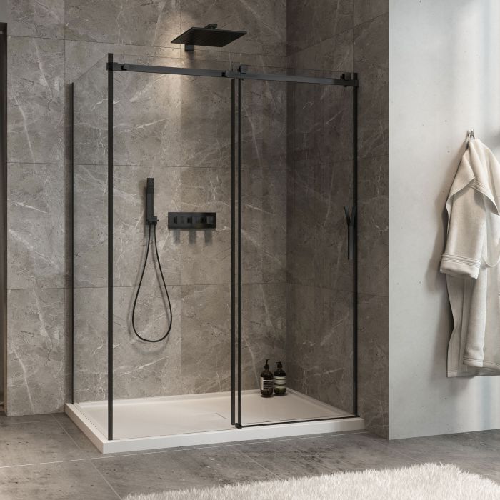 Porte de douche 60 po x Minia 36 po en coin noir mat fermeture sur mur mur à droite porte à droite