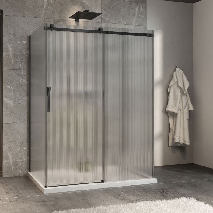 Porte de douche 60 po x Minia 36 po noir mat sur mur porte à gauche en noir mat et verre flûte