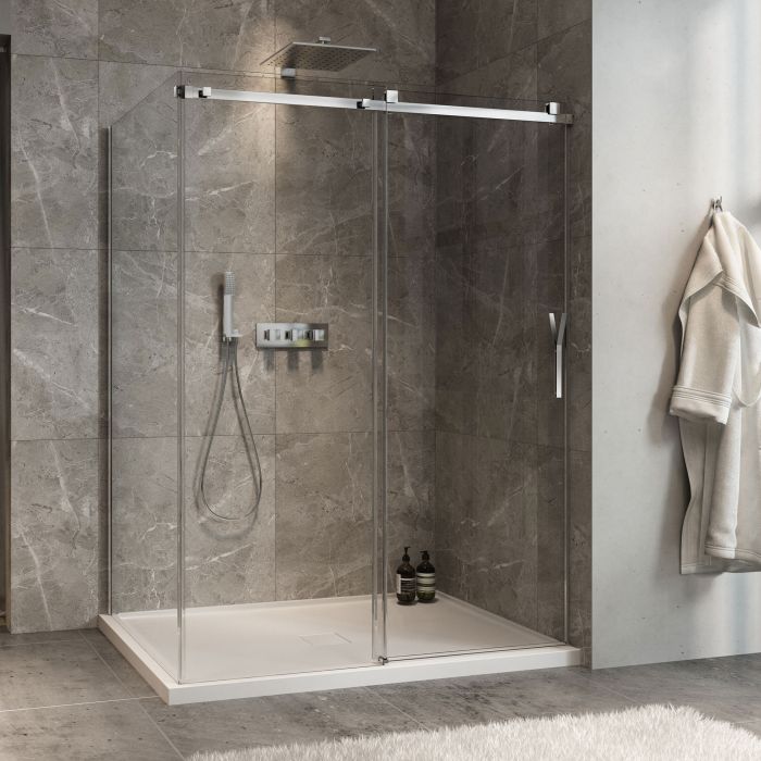 Porte de douche 60 po x Minia 42 po en coin chrome fermeture sur mur mur à droite porte à droite