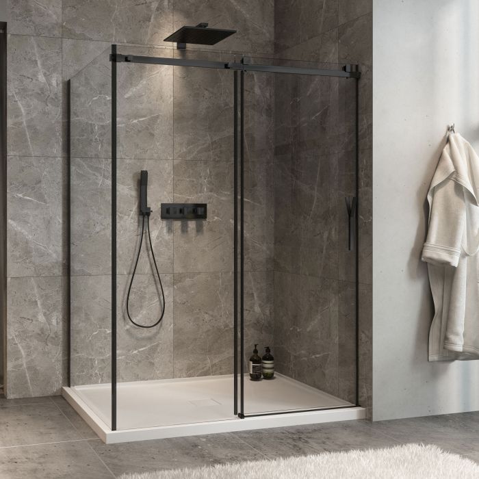 Porte de douche 60 po x Minia 42 po en coin noir mat fermeture sur mur mur à droite porte à droite