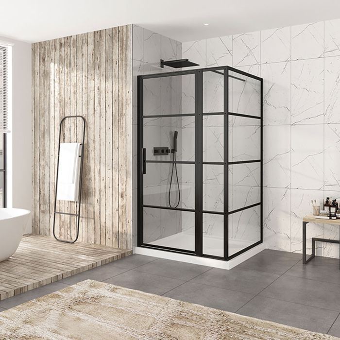 Porte de douche 48 po x Materia 42 po en coin noir mat rectangulaire porte décentrée mur à gauche