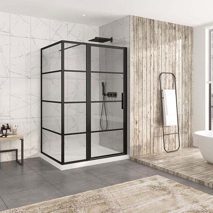Porte de douche 54 po x Materia 42 po en coin noir mat rectangulaire porte décentrée mur à droite