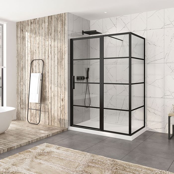 Porte de douche 60 po x Materia 32 po en coin noir mat rectangulaire porte décentrée mur à gauche