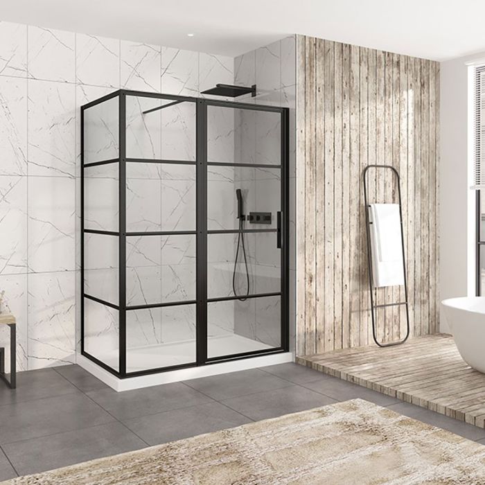 Porte de douche 60 po x Materia 32 po en coin noir mat rectangulaire porte décentrée mur à droite