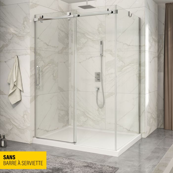 Porte de douche 60 po x Piazza 42 po en coin chrome fermeture sur mur mur à gauche porte à gauche