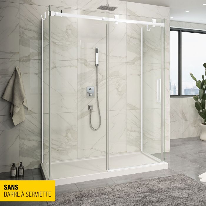 Porte de douche 60 po x Piazza 32 po blanc mat sur mur